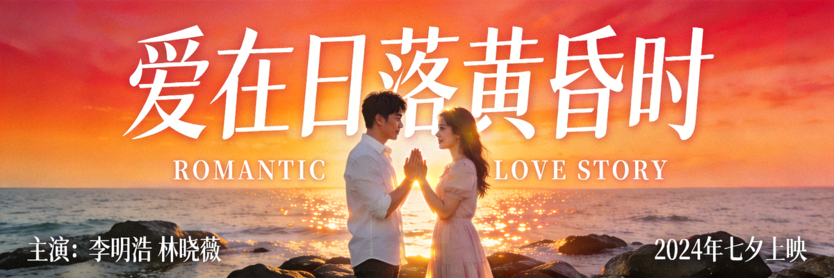 浪漫爱情电影海报，男女主角深情对视